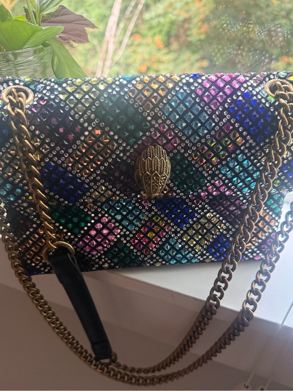 Kurt Geiger Multicolor Crystal Quilted crossbody with Gold Chain